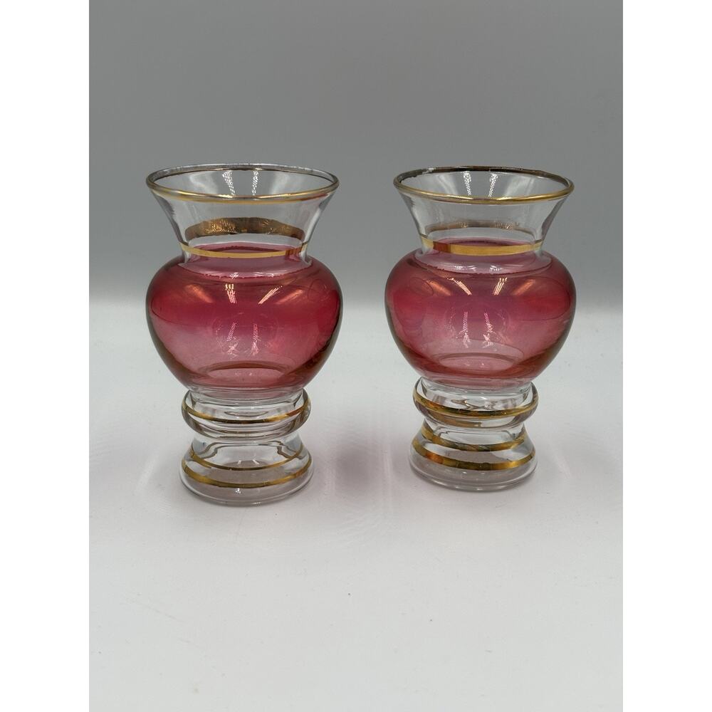 Lot of 2 Vintage Cranberry Glass Short Vases Gold Bands Blown 4" Tall